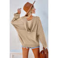 Khaki Casual Button Solid Patchwork Trim Hoodie