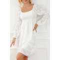 White Jacquard Square Neck Bubble Sleeve Dress