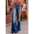 Sky Blue Button Fly Ripped High Waist Flare Jeans