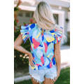 Multicolor Abstract Print Stitching Ruffle Sleeve Blouse