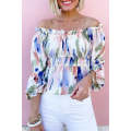 White Abstract Print Frill Off Shoulder Bubble Sleeve Blouse
