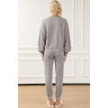 Gray Long Puff Sleeve Top Pocketed Casual Two Piece Set