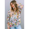 Multicolor Floral Notched V-Neck Puff Sleeve Blouse