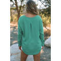 Green Waffle Knit Splicing Buttons Long Sleeve Top