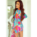 Multicolor Abstract Print Wrap V Neck Puff Sleeve Dress