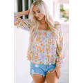 Multicolor Floral Square Neck Puff Sleeve Babydoll Blouse