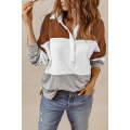 Brown Turn-down Collar Colorblock Pullover Sweatshirt