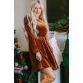 Chestnut Velvet Frilled Neck Gigot Sleeve Swing Dress