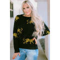 Black Cheetah Pattern Knit Round Neck Sweater