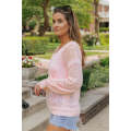 Pink Loose Pointelle Knit Ribbed V Neck Sweater