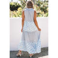 Sky Blue Abstract Print Split Neck Sleeveless Maxi Dress