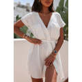 White Flap Chest Pockets Open Front Beach Cover-up with Belt