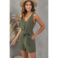 Green Button V Neck Romper with Belt