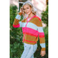 Rose Color Block Knitted Buttoned V Neck Sweater