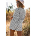 Gray 3/4 Wide Kimono Sleeves Tie Front Striped Romper with Pockets