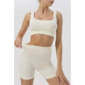 White 2pcs Solid Color Ribbed Knit Yoga Set