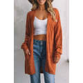 Tomato Red Open Front Textured Knit Cardigan with Pockets