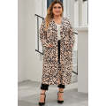 Leopard Plus Size Open Front Pocketed Long Cardigan