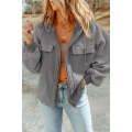 Gray Flap Pocket Drawstring Hood Zip Up Jacket