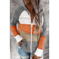Gray Zipped Front Colorblock Hollow-out Knit Hoodie