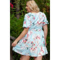 Sky Blue Floral Print Ruffled Puff Sleeve Plus Size Mini Dress