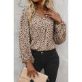 Khaki Leopard Print V Neck Puff Sleeve Blouse