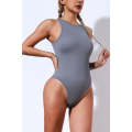Gray Solid Color Ribbed Sleeveless Sport Romper