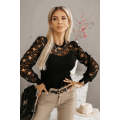 Black Hollowed Floral Lace Splicing Long Sleeve Top