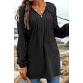 Black Casual Pleated V Neck Textured Loose Top