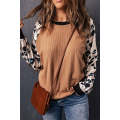 Apricot Leopard Sleeve Contrast Knitted Pullover Top