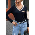 Black Glitter V Neck Chest Pocket Long Sleeve Top