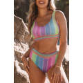 Pink Chevron Hollowed Trim 2pcs Rainbow Stripe Bikini Swimsuit