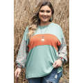 Green Plus Size Striped Long Sleeve Colorblock Tee with Slits