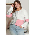 Pink Leopard Patchwork Color Block Knitted Plus Size Top