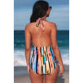 Multicolor Picasso Print Halter Neck Ruched One-Piece Swimsuit