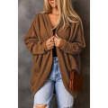 Brown Waffle Knit Open Front Rounded Hem Cardigan