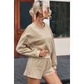 Khaki Piping Trim Long Sleeve Terry Shorts Set