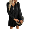 Black Lace Puff Sleeve Buttoned Tiered Ruffled Mini Dress