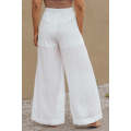 White Solid Color Elastic Waist Pleated Wide Leg Pants