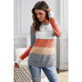 Gray Accent Knitted Color Block Long Sleeve Crew Neck Sweater
