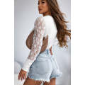 White Lace Splicing Sleeve Ribbed Slim Top