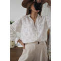 White Fanshaped Lace Hollow out Split Neck Puff Sleeve Blouse