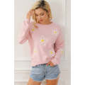 Pink Chenille Daisy Stitching Crew Neck Sweater