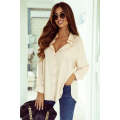 Apricot Solid Buttoned Chest Pocket High Low Loose Shirt