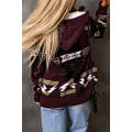 Wine Retro Jacquard Pattern Buttoned Front Hooded Sweater