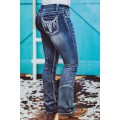 Sky Blue Embroidered Cow Straight Leg Jeans