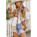 Orange Plaid Color Block Patchwork Shirt Jacket with Pocket