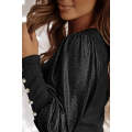 Black Buttoned Cuffs Shiny Puff Sleeves Top