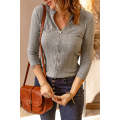 Gray Buttons Front Split Neck Rib Knit Pullover Top