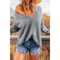 Gray Henley Pullover Drop Shoulder Sweater with Slits